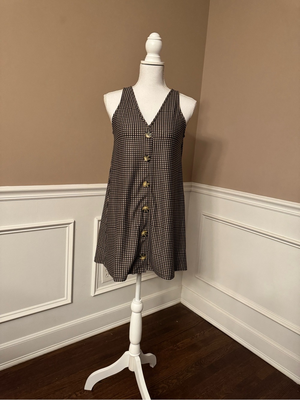 Smith & Quinn Gingham Button-Front V-Neck Mini Dress in Brown